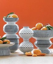 printed plaid and arabesque black and white tableware will accent your food and decor and will give the table a fresh modern feel