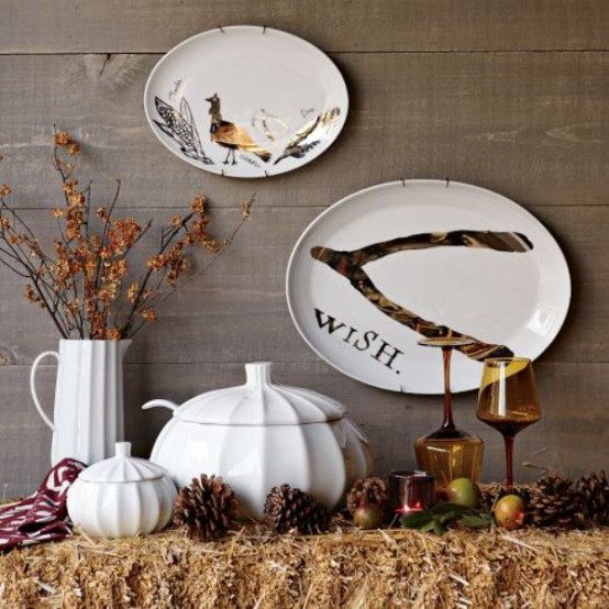 white ribbed porcelain and modern white plates with cool prints - a turkey and a wishbone are all a perfect idea for Thanksgiving