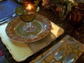 a square yellow plate and an orange and green patterned one for a colorful and bright rustic Thanksgiving tablescape