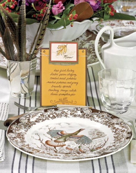 a vintage printed turkey and botanical plate is a great idea for a fall or Thanksgiving tablescape with a vintage feel