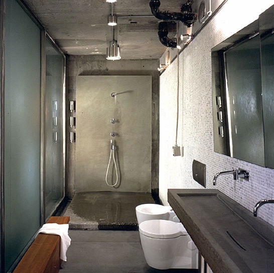 masculine bathroom decor design ideas inspiration stone marble concrete rugged hard shower dual vanity mold grey gray