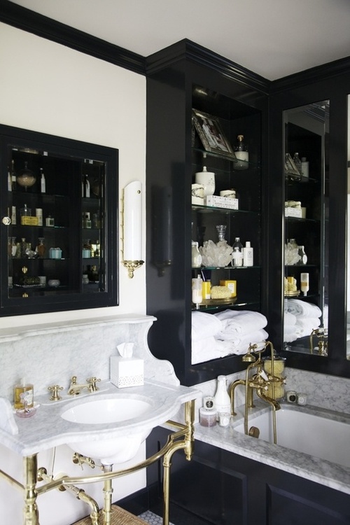 masculine mens male bathroom interior design style decorate ideas inspiration brass pipes tubing black white single vanity bath tub