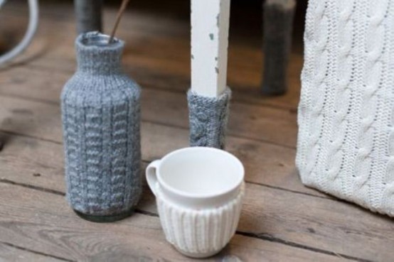 dress up vases and mugs with cozies to make your space cooler and cozier - these cozies can be DIYed or just bought