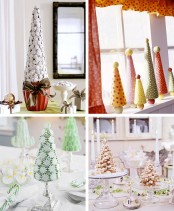cool tabletop Christmas trees – of candy canes, peppermints, cookies and colored cardboard are great and easy to make