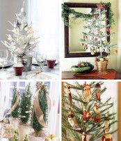 faux tabletop Christmas trees with various ornaments and decor, with ribbons and pompoms are amazing