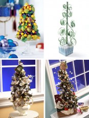 tabletop Christmas trees featuring various fun kitchen decor and detailing, made of fruit and candies are cool