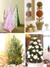 various tabletop Christmas trees – potted plants, paper trees and topiaries will add a bit of holiday cheer to your space
