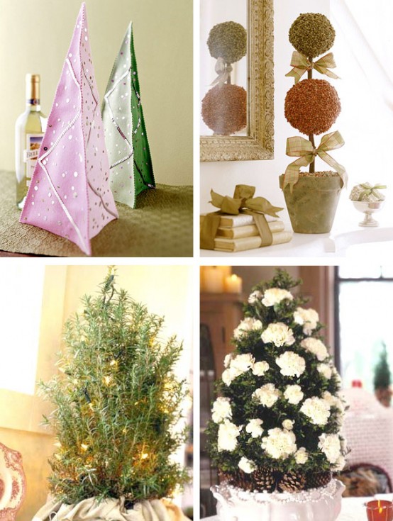 various tabletop Christmas trees - potted plants, paper trees and topiaries will add a bit of holiday cheer to your space