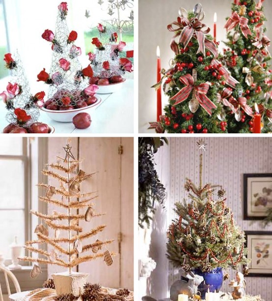 various tabletop Christmas trees - mini fir trees wiht ornaments, branches with decor, faux white Christmas trees with bows