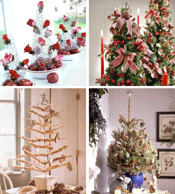 various tabletop Christmas trees   mini fir trees wiht ornaments, branches with decor, faux white Christmas trees with bows