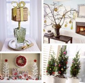 tabletop Christmas trees – mini potted ones, branches with ornaments, faux white Christmas trees and an alternative one