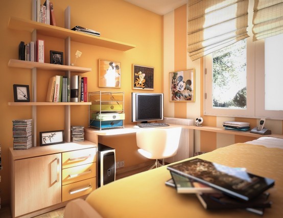 an orange teen room with orange and striped walls, some wall-mounted shelves, a cabinet, a corner desk and a bed with storage