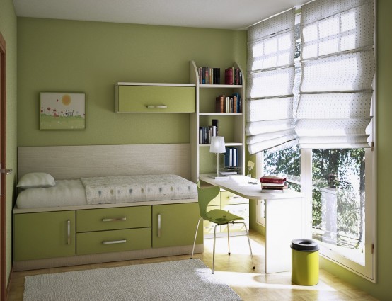 a green teen room with green walls, a large window that takes the whole wall, a bed with storage, some shelves and a desk by the window