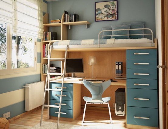 a small blue and tan teen room with a blue accent wall, a striped one, a bed with lots of storage, a small desk under it and some decor