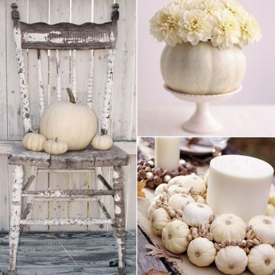 white pumpkins, white blooms and candles are ideal for chic and elegant Thanksgiving decor in neutrals