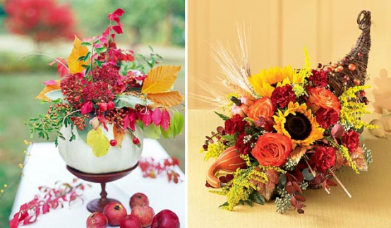 bold Thanksgiving centerpieces - a white pumpkin with bright florals and leaves and a cornucopia with bold flowers and wheat are amazing for Thanksgiving