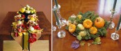 fall leaves, bright apples and faux pumpkins to decorate a Thanksgiving table, a silver tray with moss, mini pumpkins and neutral candles to form a centerpiece