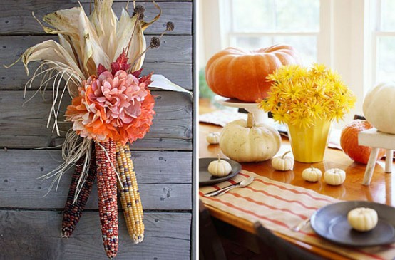corn cobs decorated with a bright bloom and a bold Thanksgiving tablescape with white and orange pumkins and bold blooms in a planter looks veyr cozy and very chic