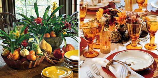 a bold fall or Thanksgiving tablescape done in brown and amber shades, metal bowls with faux veggies and real greenery as a centerpiece for a fall table