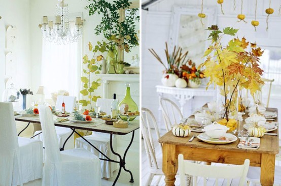 beautiful modern fall or Thanksgiving tablescapes with lots of fall leaves, pumpkins and gourds plus colored glasses are easy to compose and look chic