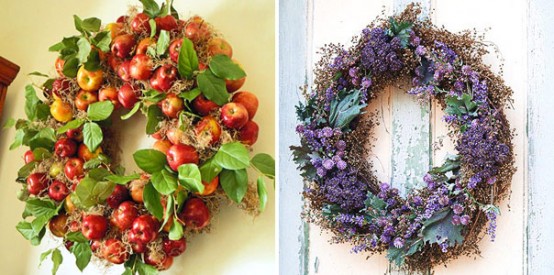 bold Thanksgiving wreaths of apples, hay and foliage, purple blooms and pale greenery for a bold and very chic look