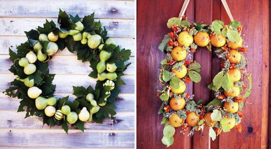 a wreath of greenery, apples and pear and a wreath of greenery, berries and fruits will be amazing options for Thanksgiving