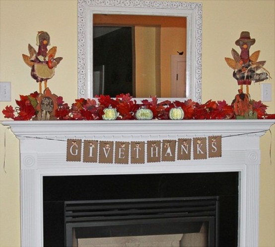 a bold fall and Thanksgiving mantel with bold faux leaves, pumpkins and turkeys is a simple idea that will last long