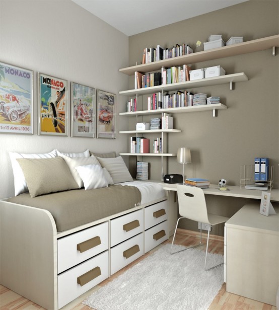 Earth-tones, artworks and cool wall shelves make this room perfect for a teen.