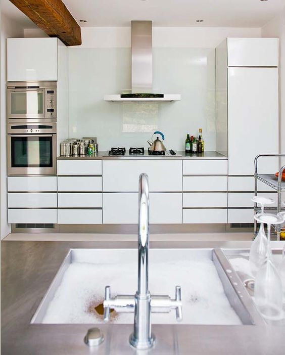 a modern white kitchen with stainless steel touches and a white solid glass backsplash to add a glossy touch to the room