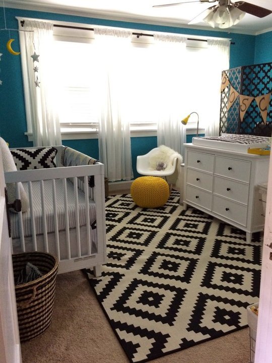 Turquoise Nursery With Yellow Black And White Accents