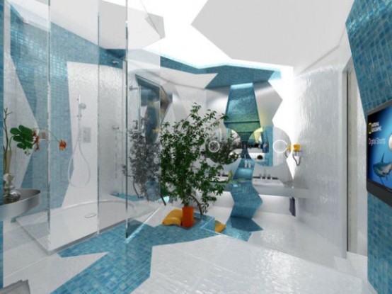 Two Contrasting Bathrooms In Futuristic Style