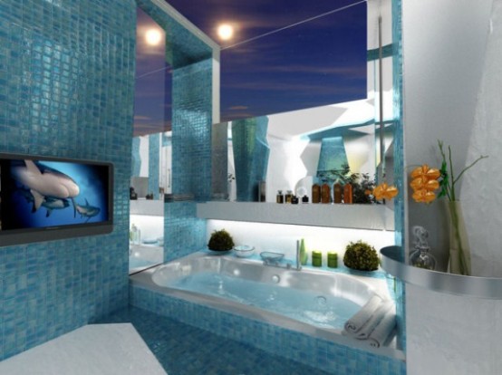 Two Contrasting Bathrooms In Futuristic Style