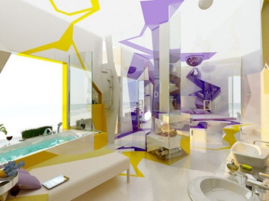 Two Contrasting Bathrooms In Futuristic Style