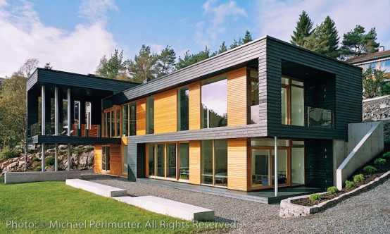 Twofold House In Black Stained Wood With Natural Wood Between The Window Partitions
