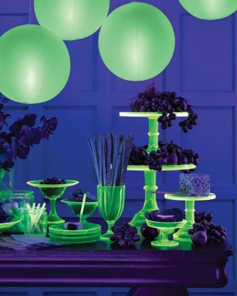 bold neon green dessert table styling with bright stands, bowls, trays and balloons over the table