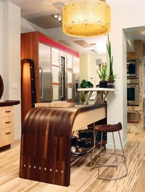 a waterfall curved butcherblock countertop is a spectacular idea for every modern meets rustic kitchen