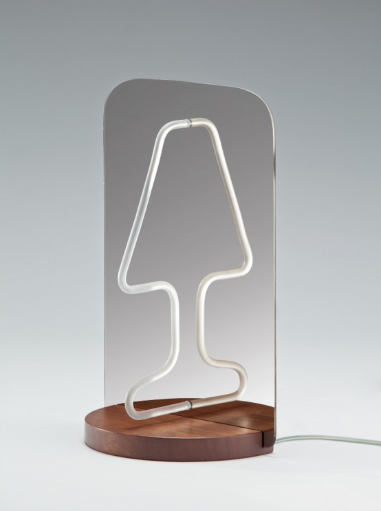 a minimalist table lamp of a wooden stand, a mirror and a neon light for a cool contemporary space