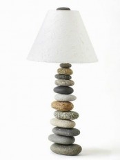 a coastal table lamp with a base made of pebbles and a white lampshade for a beach or coastal house