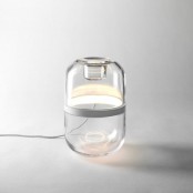 a minimalist glass table lamp looks as a capsule with a stripe is a cool idea for a contemporary or minimal space