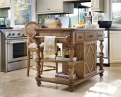a super elegant carved and stained wood kitchen island with drawers and holders will bring a rustic and vintage feel to the space