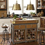 a small metal and wood kitchen island with drawers and wine racks inside is a very space-effective piece