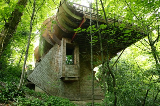 Curved Abstract House in Forest Made of Natural Materials