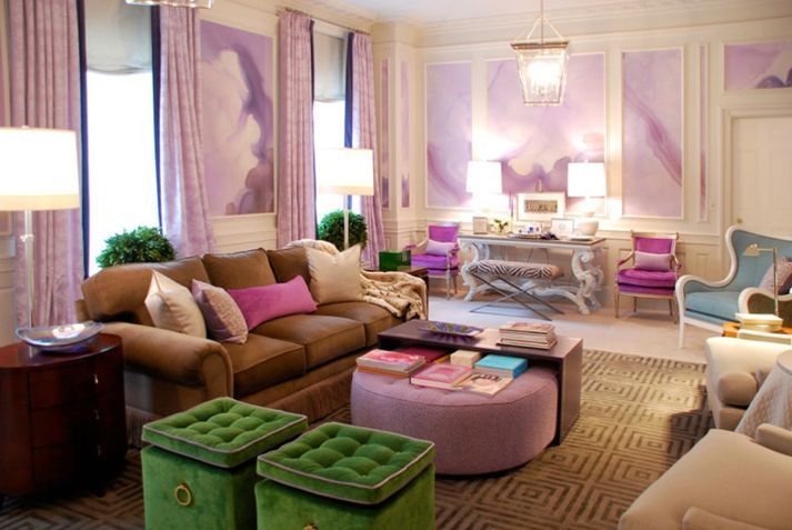 a sophisticated living room with lilac watercolor walls, taupe, blue, blush, pink and green furniture and catchy decor