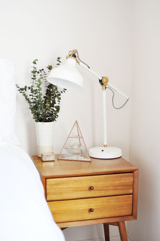 a stylish IKEA Ranarp lamp in white and gold is a perfect idea for your nightstand, will match many styles