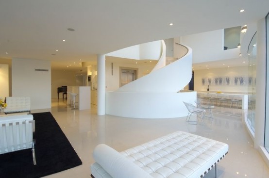 white black interior seafront house