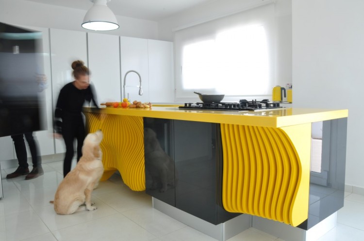 White Minimalist Kitchen With A Sculptural Yellow Kitchen