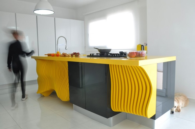 White Minimalist Kitchen With A Sculptural Yellow Kitchen