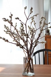 a clear glass vase with willow is a fresh and natural spring decoration or centerpiece