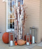 a branch arrangement with berries, pumpkins and candle lanterns plus little faux pumpkins will be ideal both inside and outside this fall