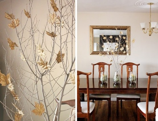 whitewashed branches with neutral fake leaves will complete your neutral space addign a fall touch to it